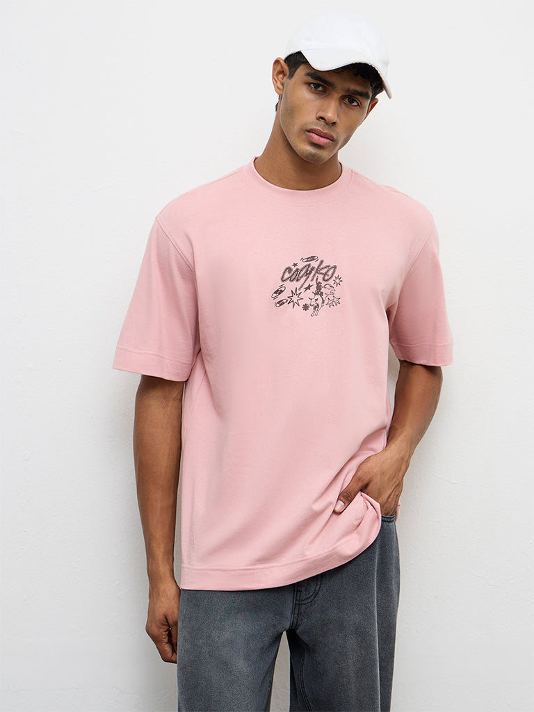 Nuon Pink Printed Relaxed-Fit Cotton-Blend T-Shirt