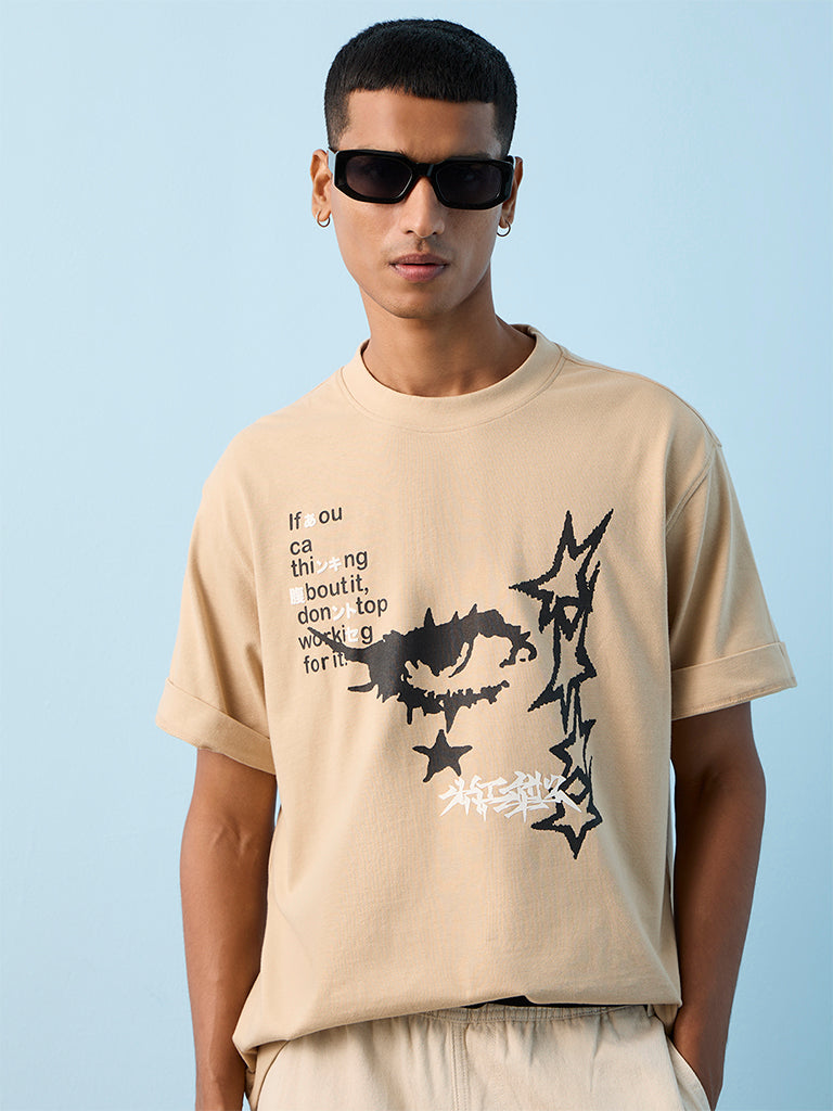 Nuon Taupe Graphic Printed Relaxed-Fit Cotton T-Shirt