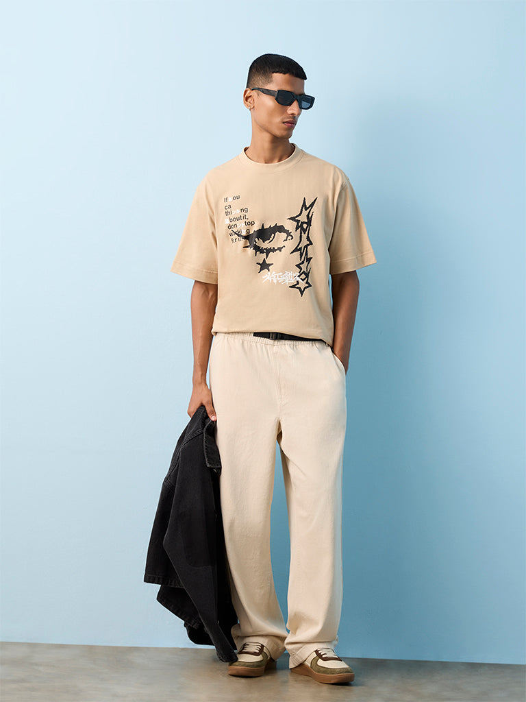 Nuon Taupe Graphic Printed Relaxed-Fit Cotton T-Shirt