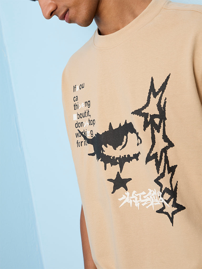 Nuon Taupe Graphic Printed Relaxed-Fit Cotton T-Shirt