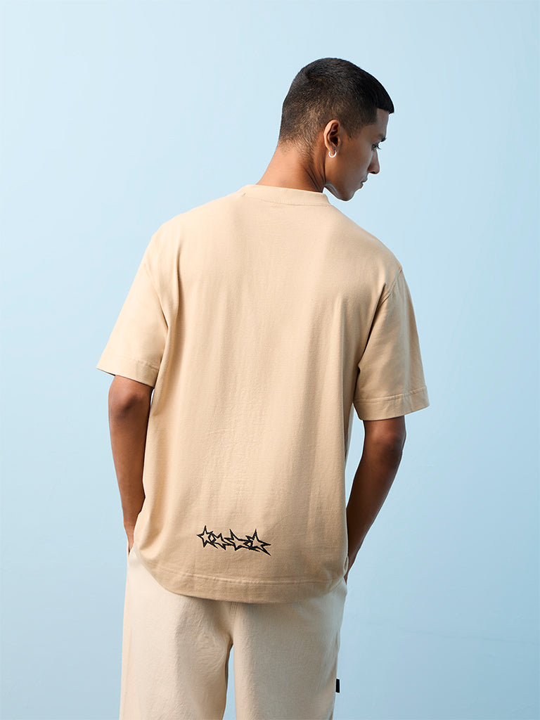 Nuon Taupe Graphic Printed Relaxed-Fit Cotton T-Shirt