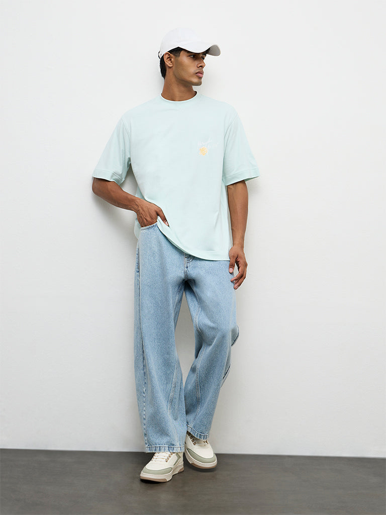 Nuon Light Teal Floral Printed Relaxed-Fit Cotton T-Shirt