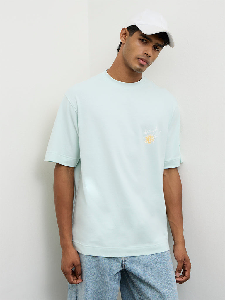 Nuon Light Teal Floral Printed Relaxed-Fit Cotton T-Shirt