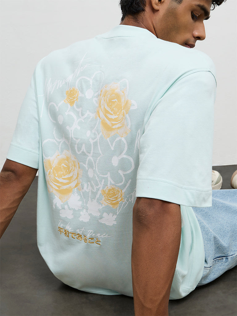 Nuon Light Teal Floral Printed Relaxed-Fit Cotton T-Shirt