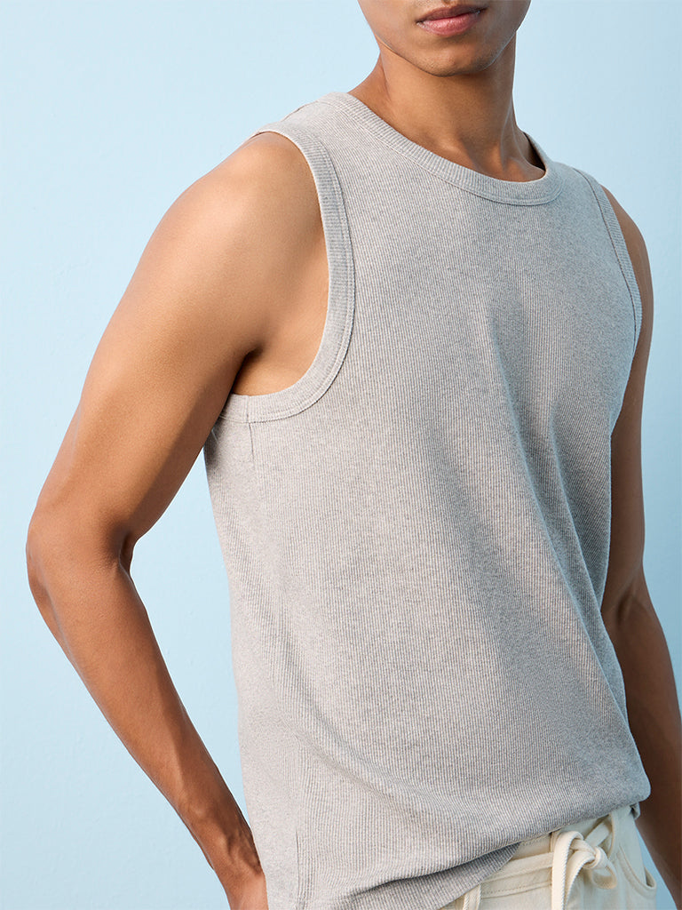 Nuon Grey Ribbed-Textured Relaxed-Fit Cotton-Blend T-Shirt