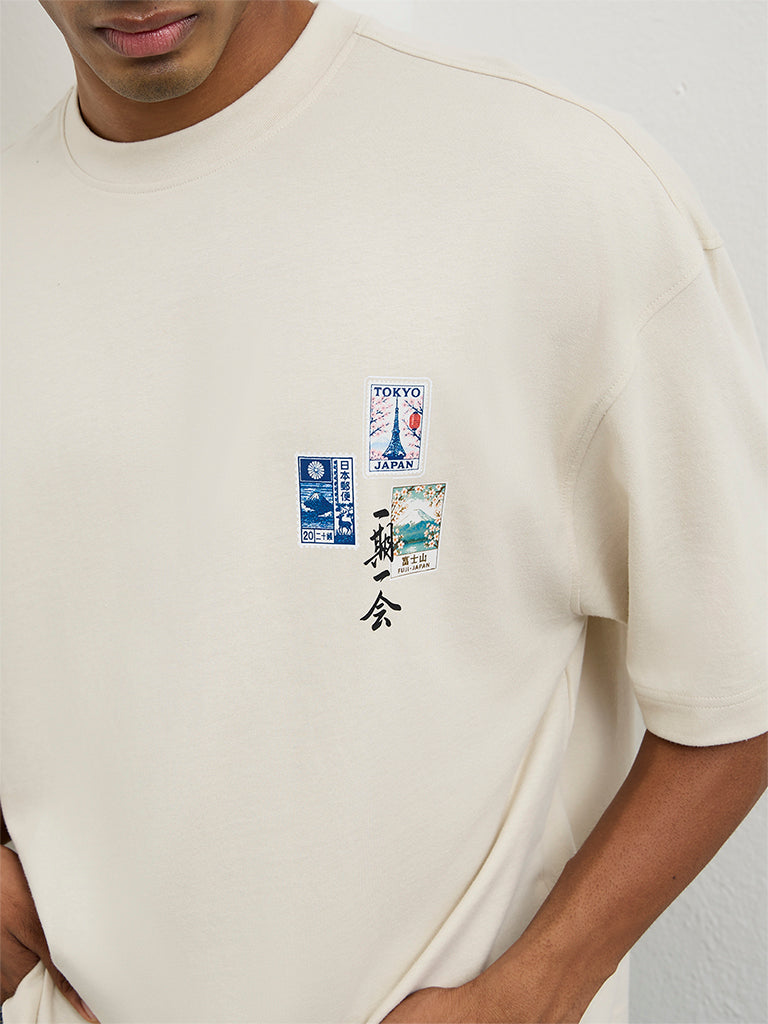 Nuon Off-White Postcard Printed Oversized-Fit Cotton T-Shirt