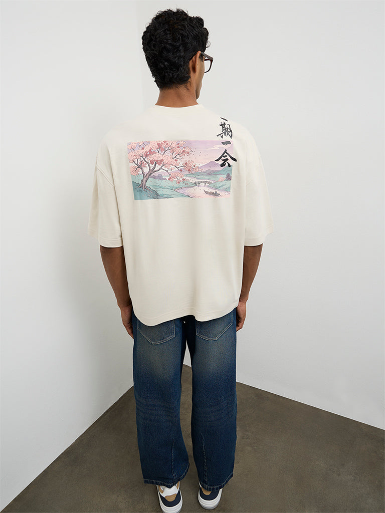 Nuon Off-White Postcard Printed Oversized-Fit Cotton T-Shirt