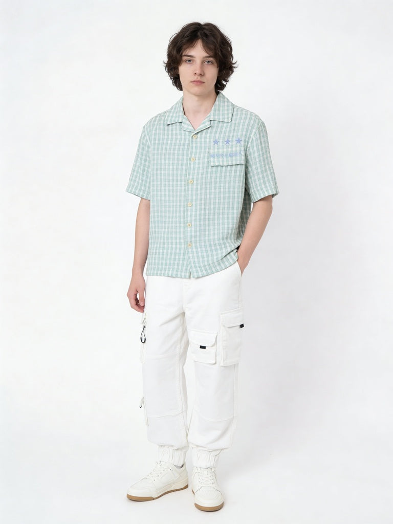 Boys Green Checkered Graphic Printed Cotton Shirt
