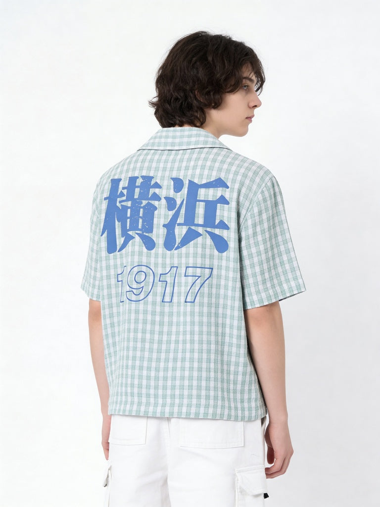 Boys Green Checkered Graphic Printed Cotton Shirt