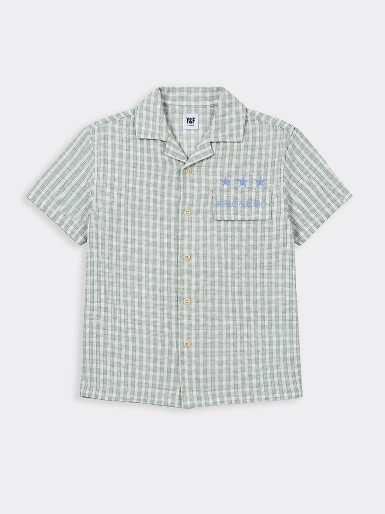 Boys Green Checkered Graphic Printed Cotton Shirt