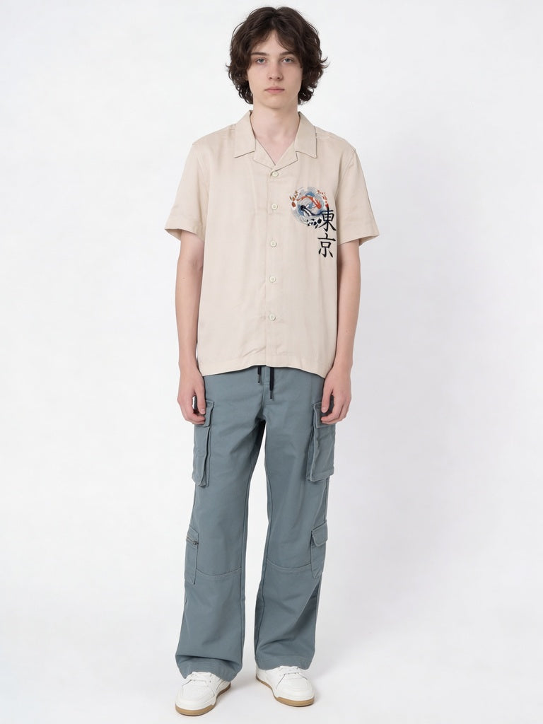 Boys Stone Japanese-Inspired Graphic Printed Shirt