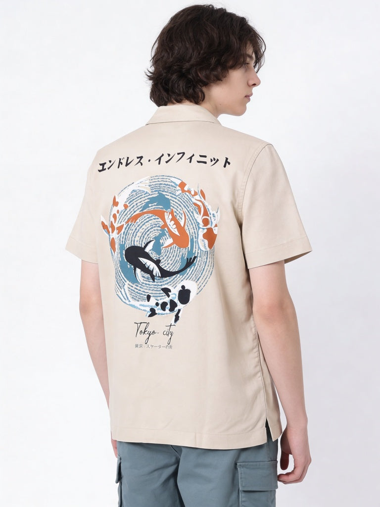 Boys Stone Japanese-Inspired Graphic Printed Shirt