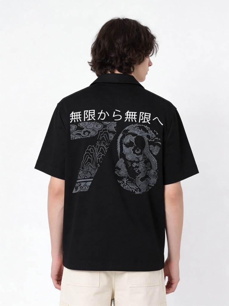 Boys Black Japanese Text Embroidered Shirt