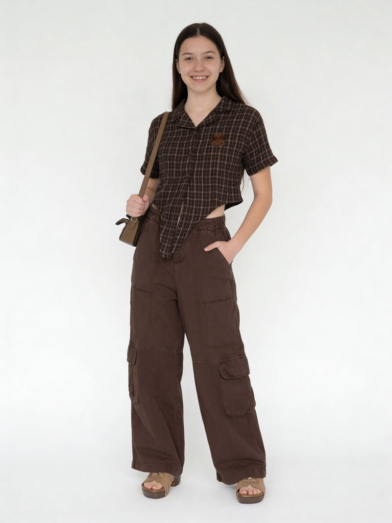 Girls Brown Checked Cotton Shirt