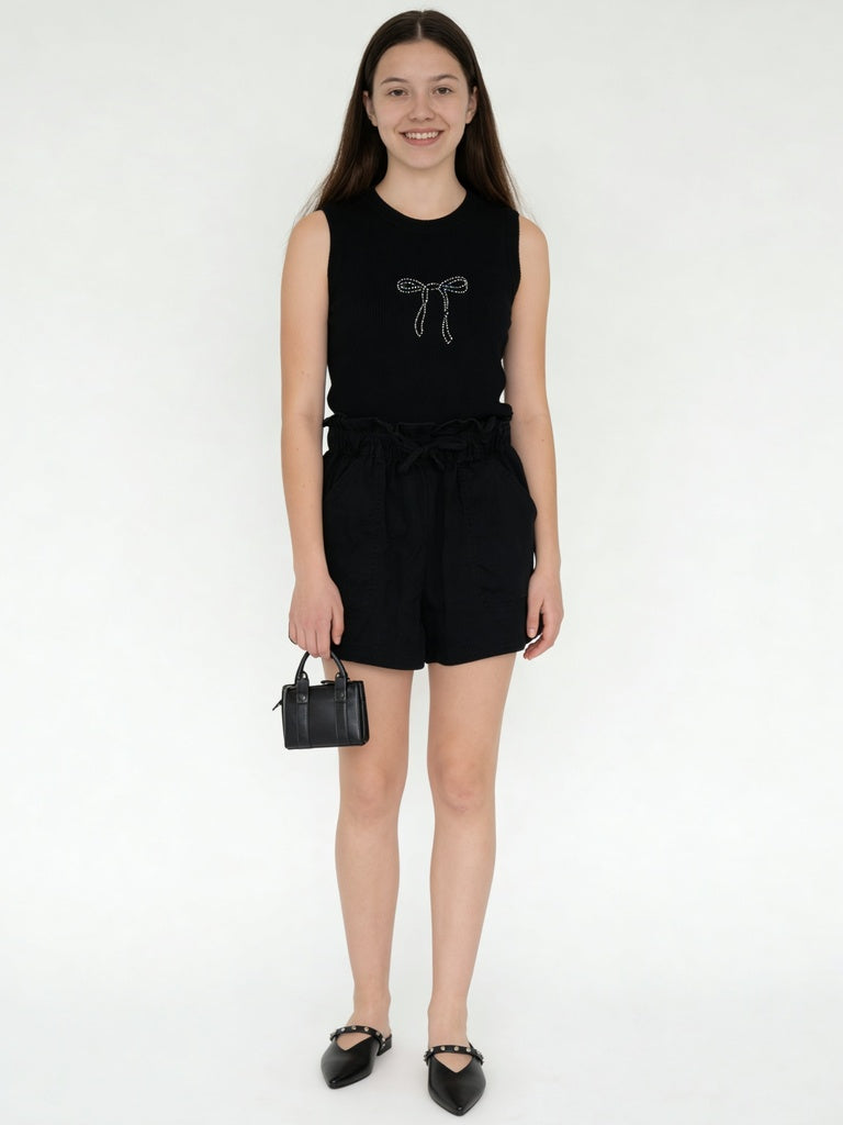 Girls Black Bow Detail Ribbed Top