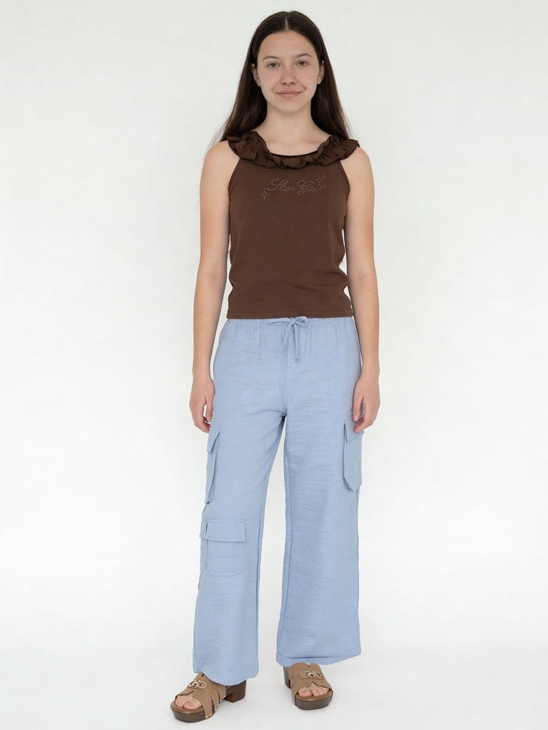 Girls Brown Embellished Cotton-Blend Top