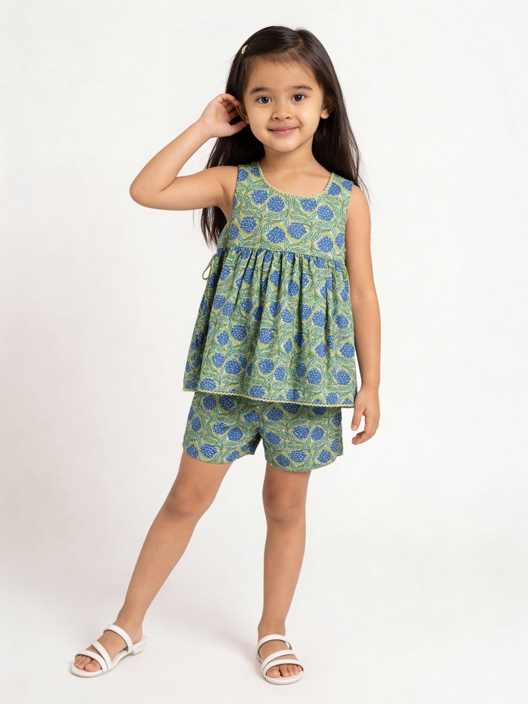 Utsa Kids Girls Lime Green Floral Print Cotton Shorts - (2 - 8 yrs)