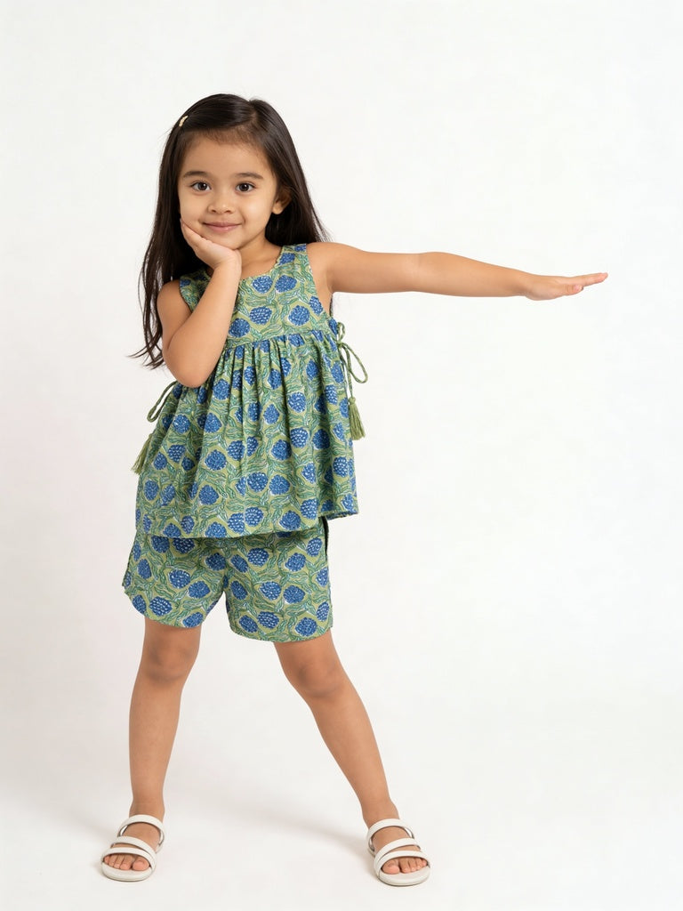 Utsa Kids Girls Lime Green Floral Print Cotton Top - (2- 8 yrs)