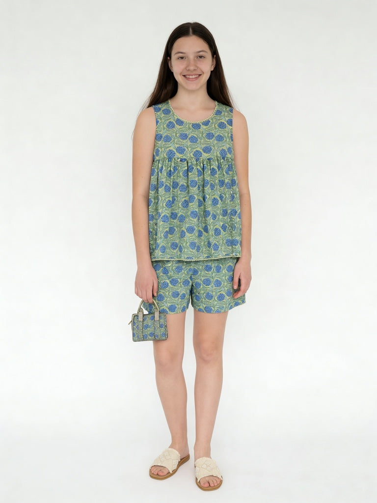 Utsa Kids Girls Lime Green Floral Print Cotton Shorts - (8 - 14 yrs)