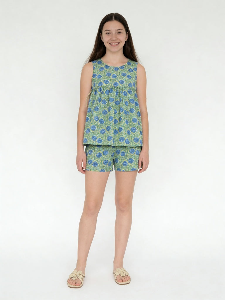 Utsa Kids Girls Lime Green Floral Print Cotton Flared Top - (8- 14 yrs)