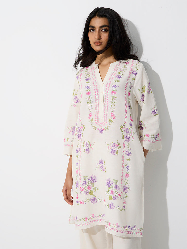 Utsa Off-White Floral Printed A-Line Kurta