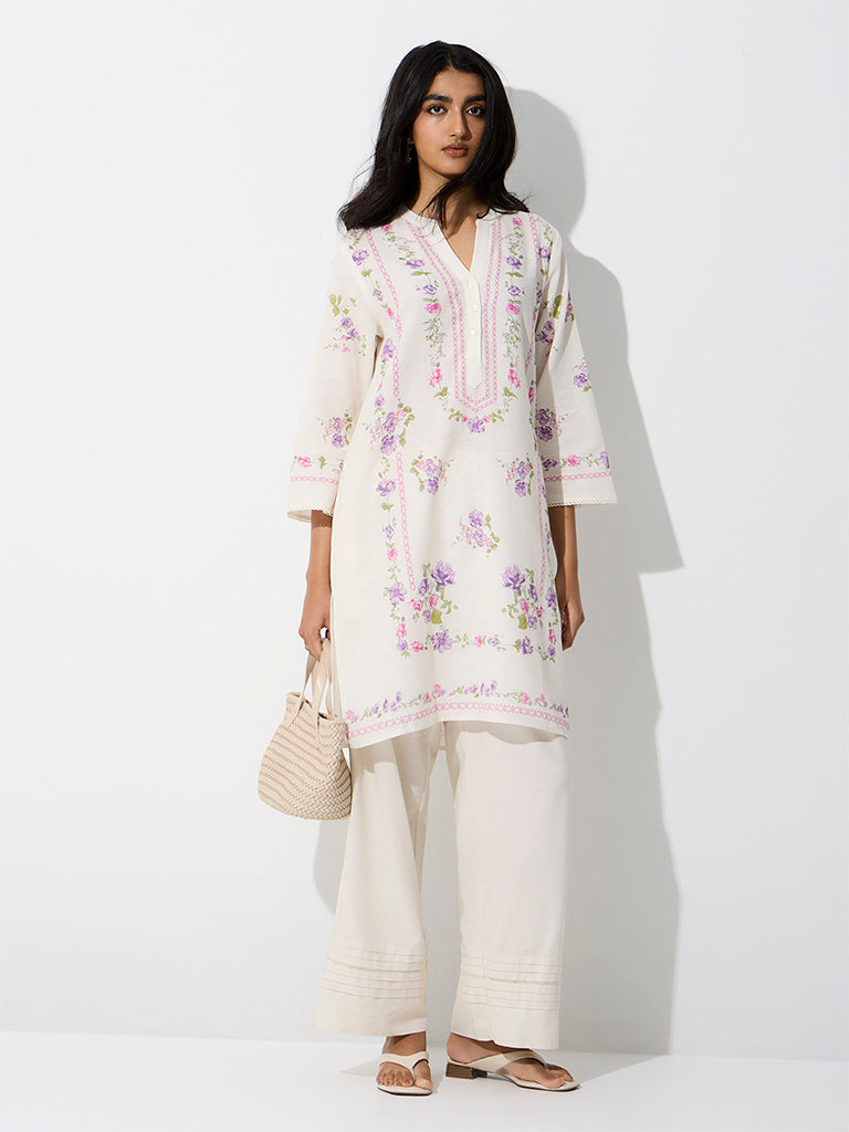 Utsa Off-White Floral Printed A-Line Kurta
