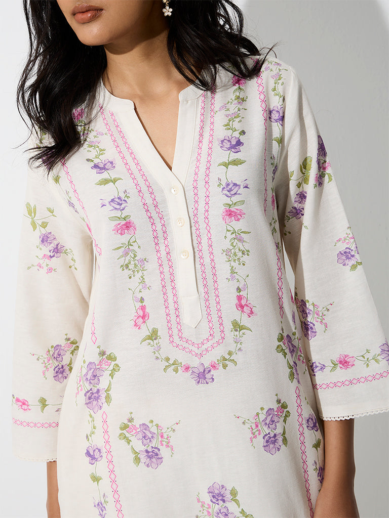 Utsa Off-White Floral Printed A-Line Kurta