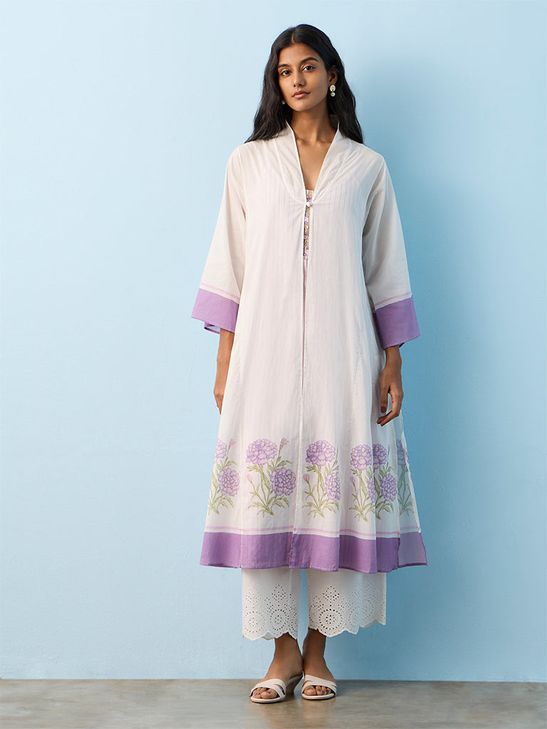Utsa White Striped Cotton A-Line Kurta with Shrug