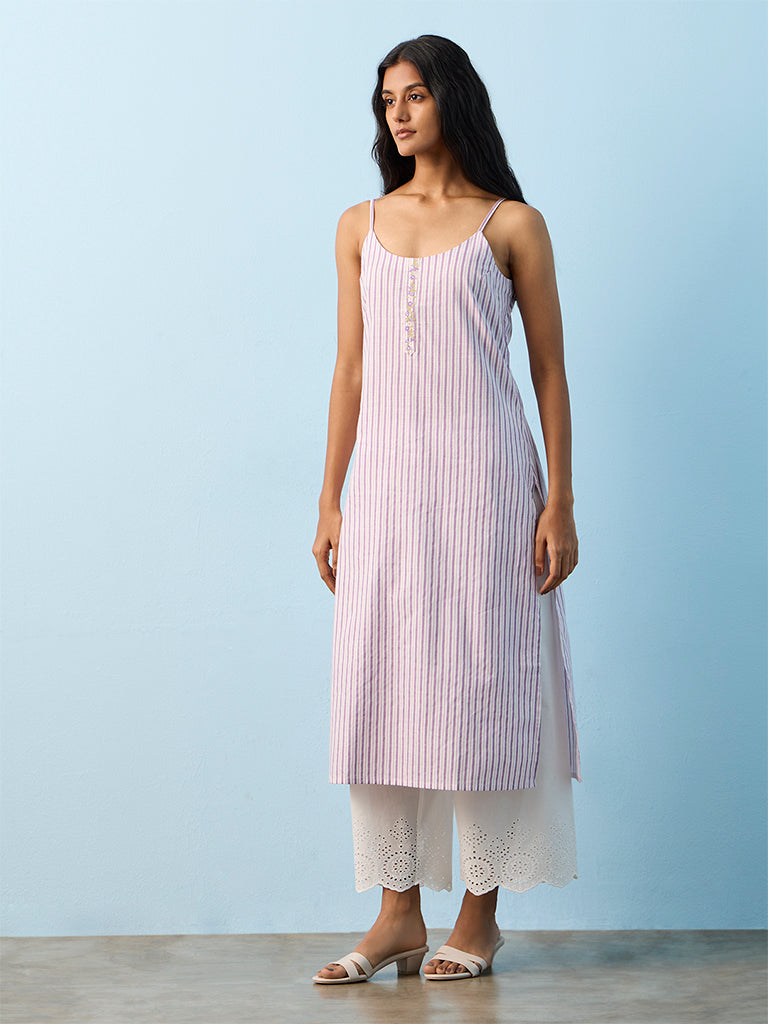 Utsa White Striped Cotton A-Line Kurta with Shrug