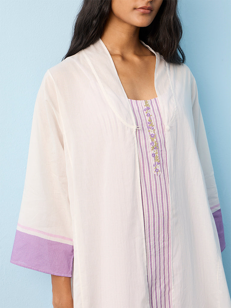 Utsa White Striped Cotton A-Line Kurta with Shrug