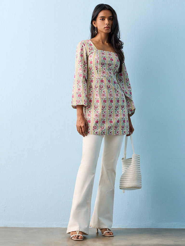 Utsa Lime Floral Printed Cotton Kurti