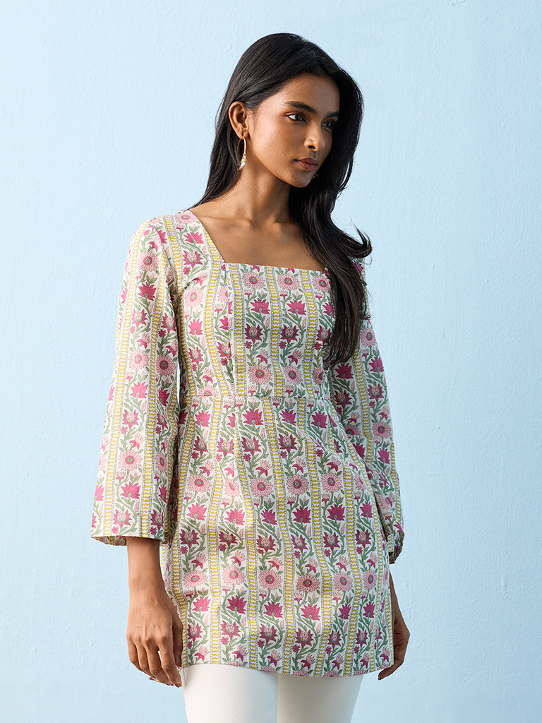 Utsa Lime Floral Printed Cotton Kurti