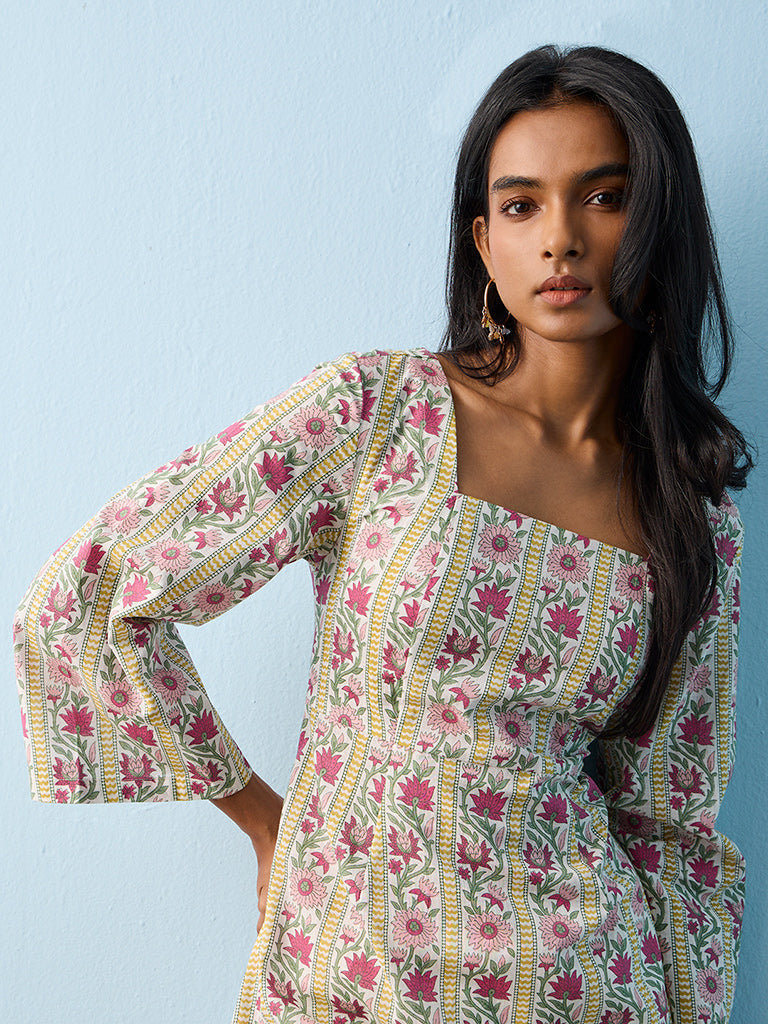 Utsa Lime Floral Printed Cotton Kurti