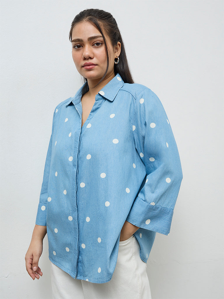 Gia Light Blue Polka-Dot Printed Cotton Shirt