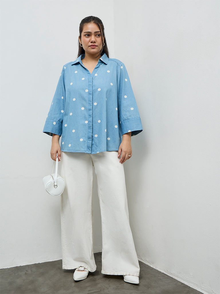 Gia Light Blue Polka-Dot Printed Cotton Shirt