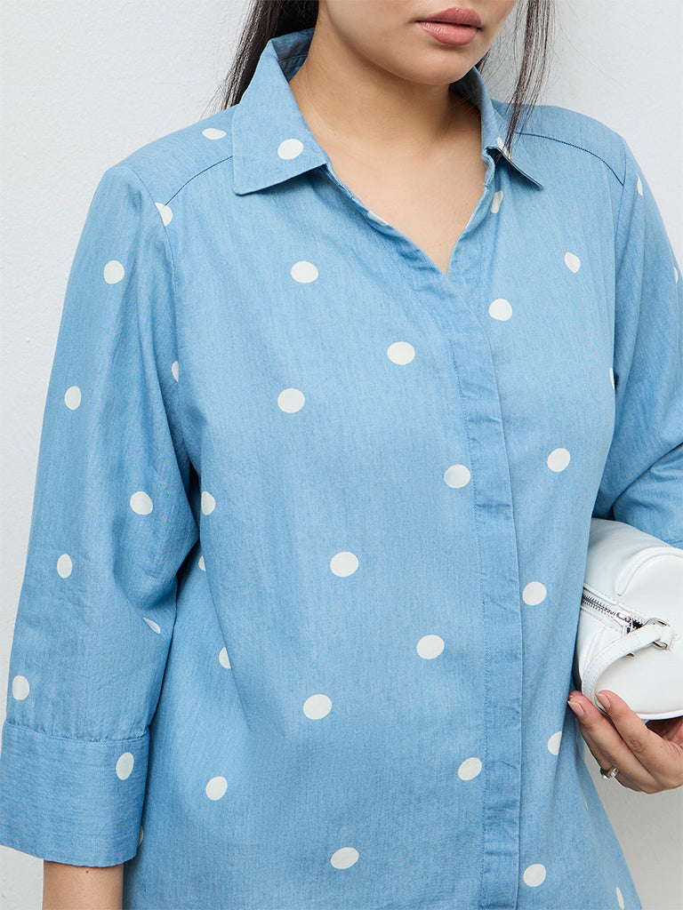 Gia Light Blue Polka-Dot Printed Cotton Shirt