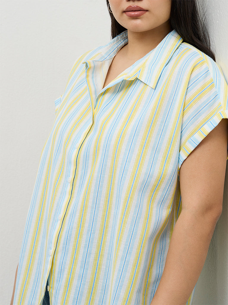 Gia Blue and Yellow Striped Cotton-Blend Shirt