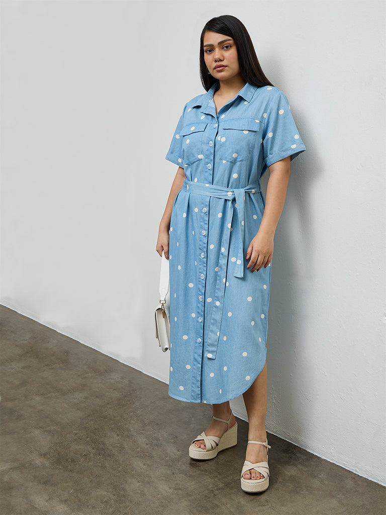Gia Blue Polka Dotted Cotton Shirt Dress with Belt