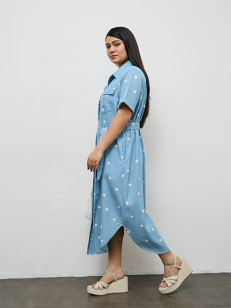 Gia Blue Polka Dotted Cotton Shirt Dress with Belt