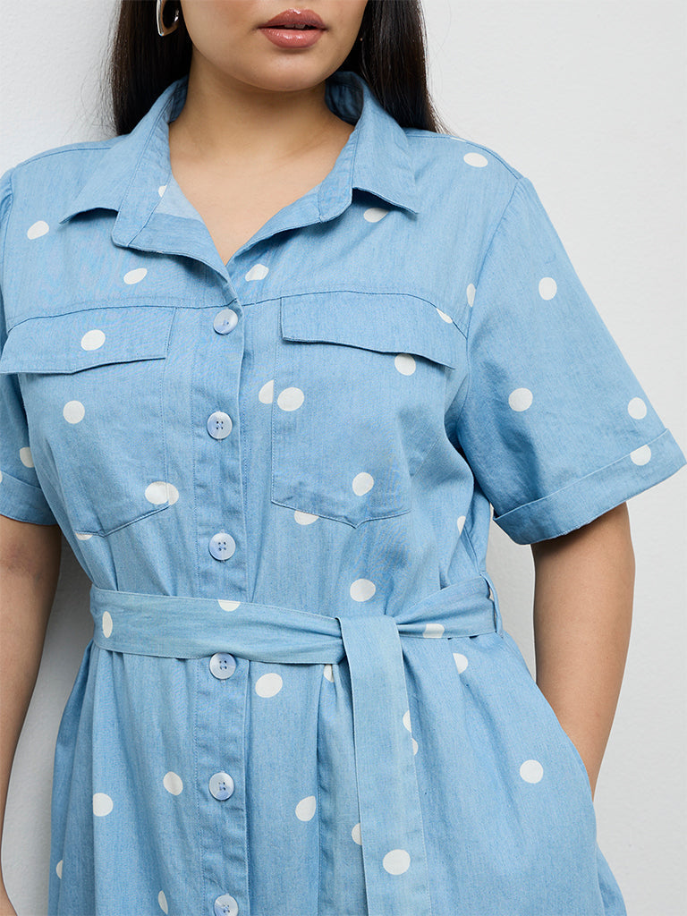 Gia Blue Polka Dotted Cotton Shirt Dress with Belt