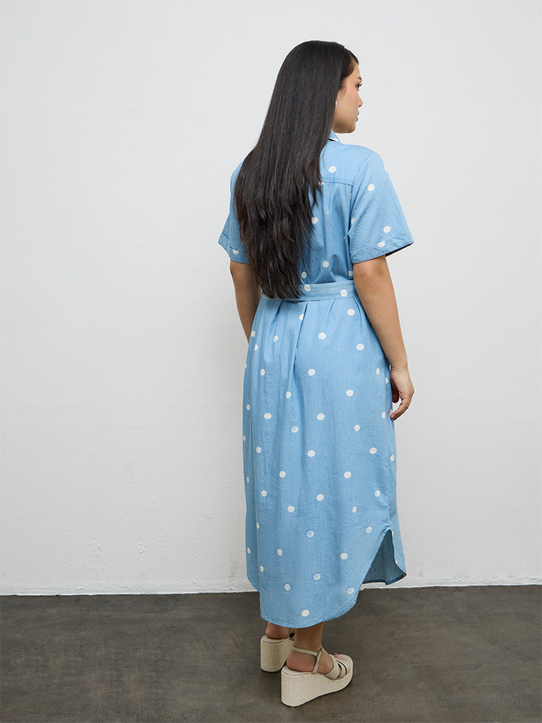 Gia Blue Polka Dotted Cotton Shirt Dress with Belt