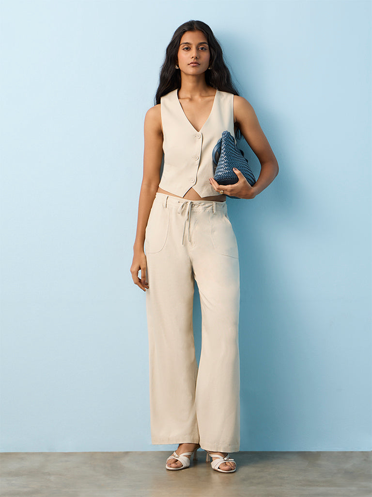 LOV Beige Solid Waistcoat