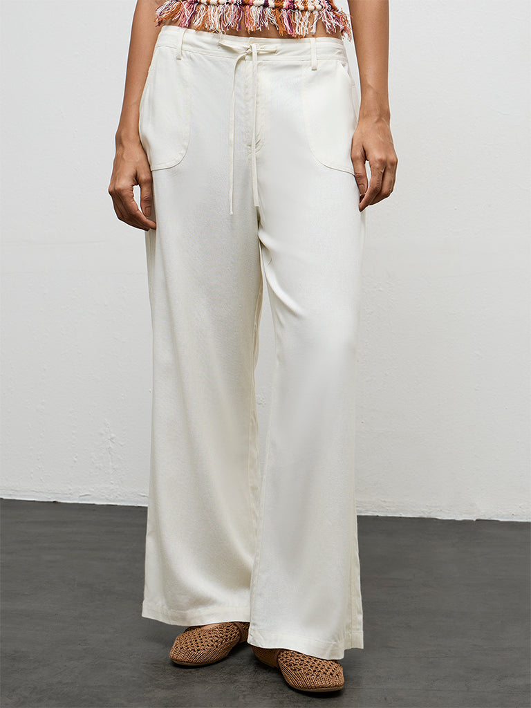 LOV Cream High-Rise Cotton-Blend Pants