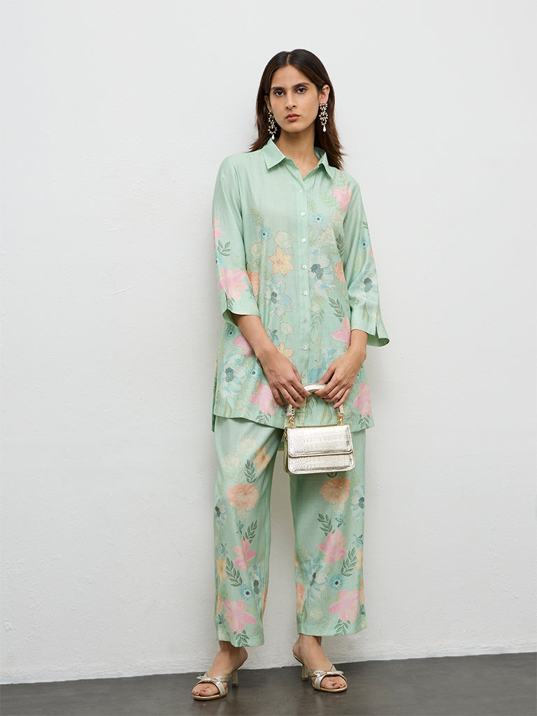 Vark Mint Green Floral Printed Ethnic Set