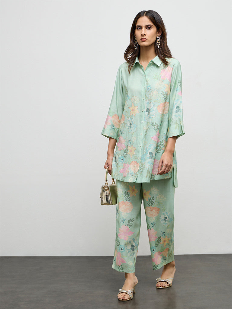 Vark Mint Green Floral Printed Ethnic Set