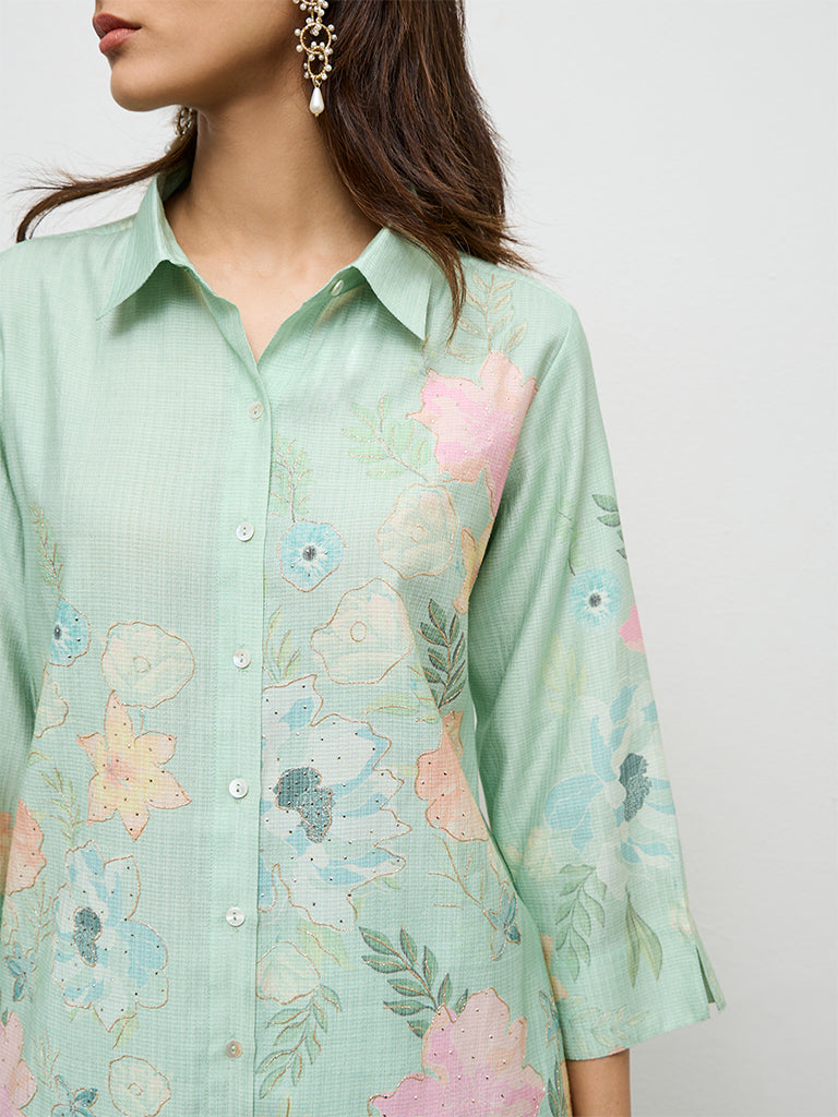 Vark Mint Green Floral Printed Ethnic Set
