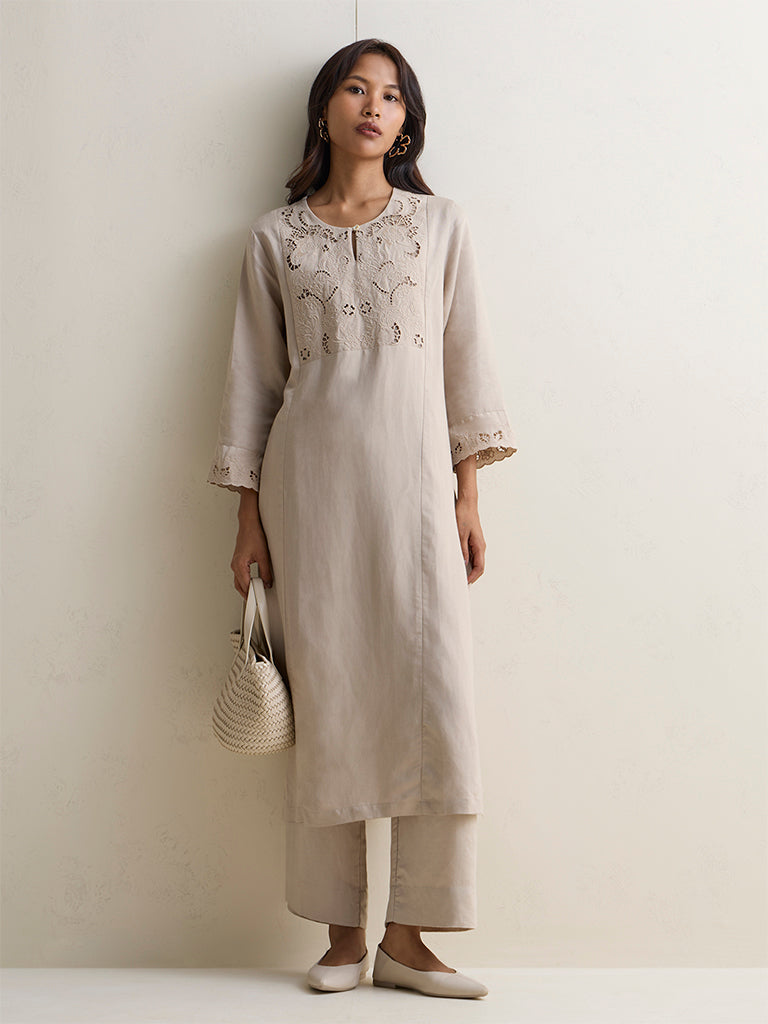 Zuba Taupe Embroidered A-Line Kurta