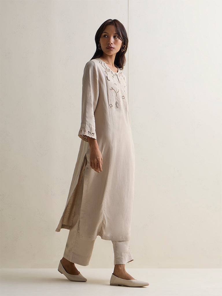 Zuba Taupe Embroidered A-Line Kurta
