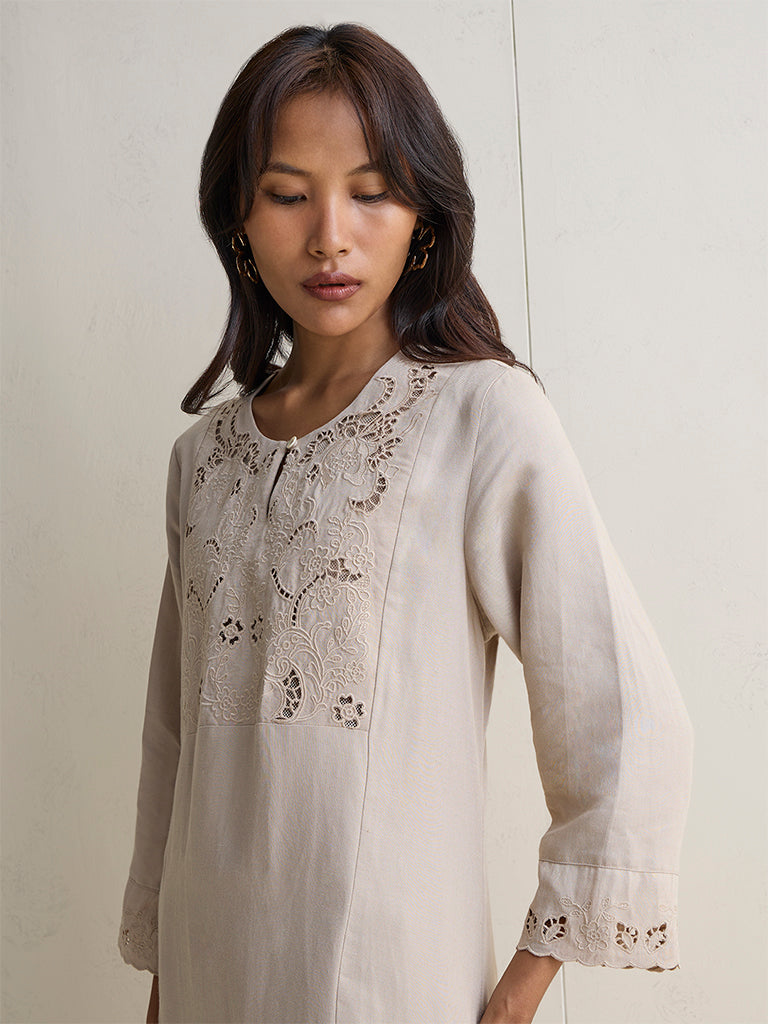 Zuba Taupe Embroidered A-Line Kurta
