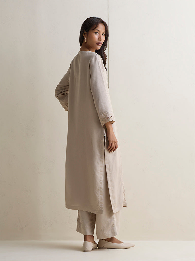 Zuba Taupe Embroidered A-Line Kurta